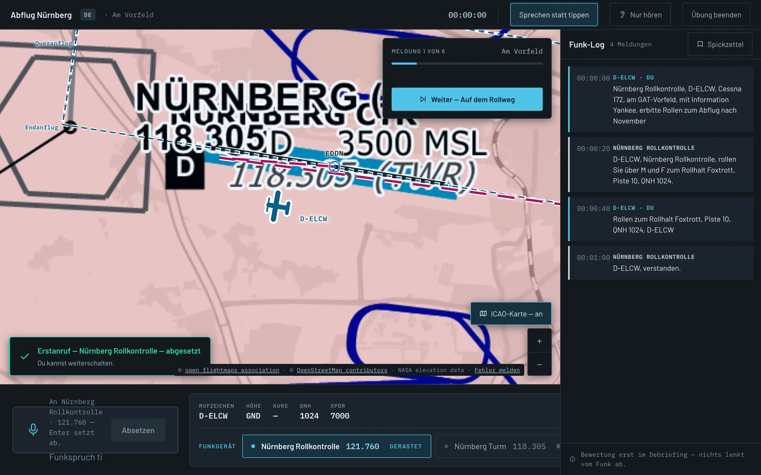 Flug-Screen: ICAO-Karte mit Kontrollzone Nürnberg und Piste 10, rechts das Funk-Log mit vier Meldungen, unten Rufzeichen, QNH und das Funkgerät mit gerasteter Frequenz 121.760